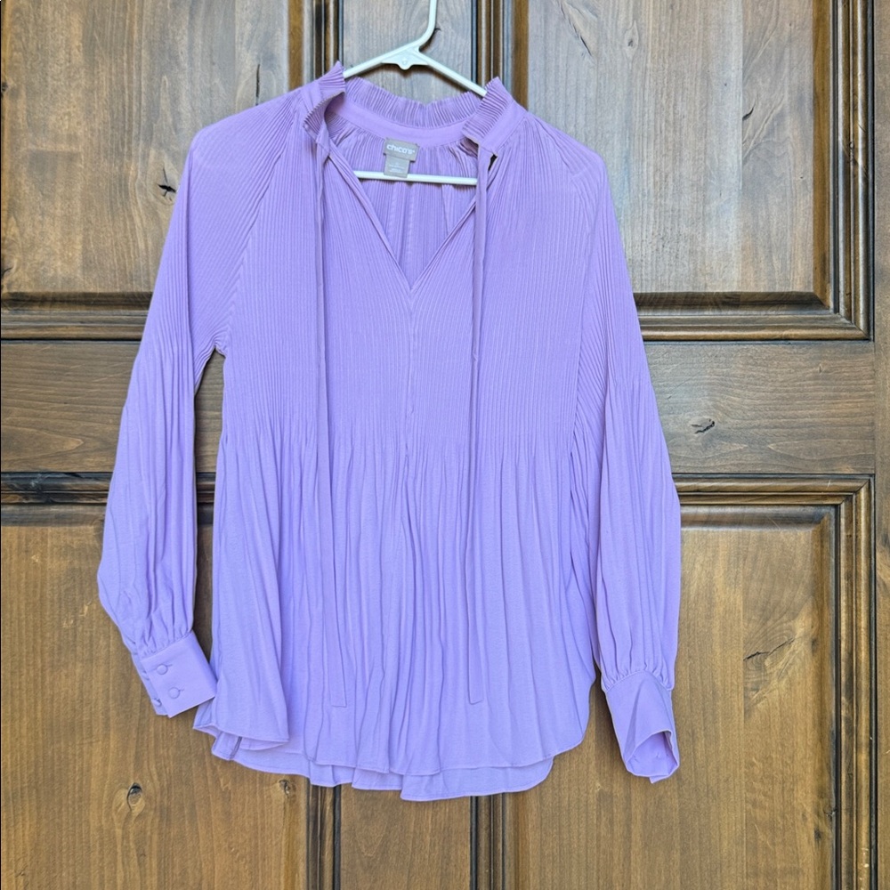 Chico's Lavender Pleated Long-Sleeve V-Neck Blouse